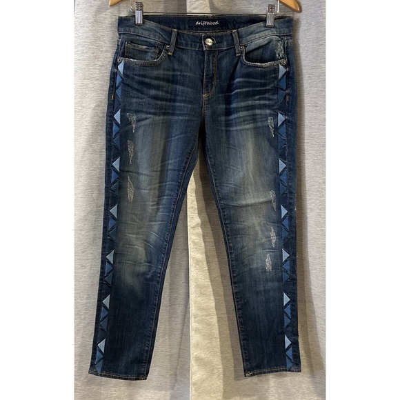 DRIFTWOOD Denim - Driftwood \side triangle straight leg jeans Embroidered Size 29 Boho